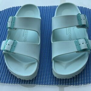 Birkenstock Mint White Two-Strap EVA Sandals with Teal Buckles